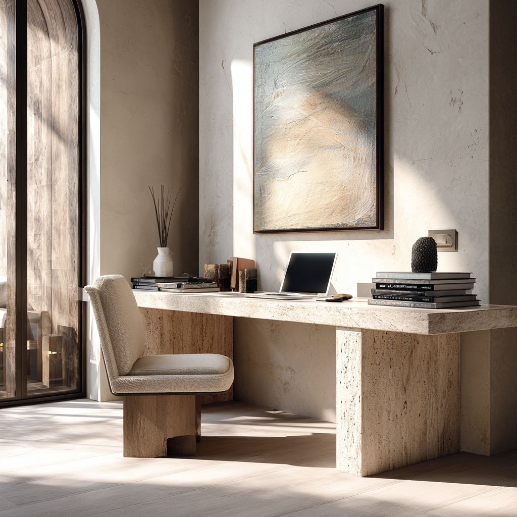 image of a stone desk with a computer and books on top with a chair and an abstract painting in beige on the wall