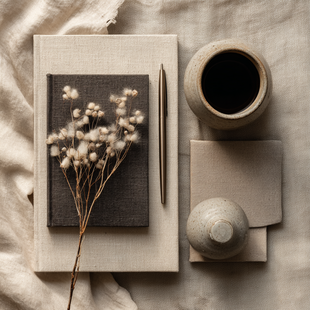 flat lay image of curated objects like a fern, book a pen, a vase