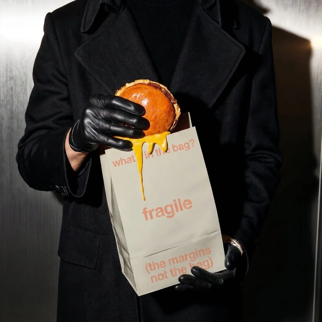 BURGER WITH CHEESE MELTING DOWN HAND INSIDE TAKEAWAY BAG