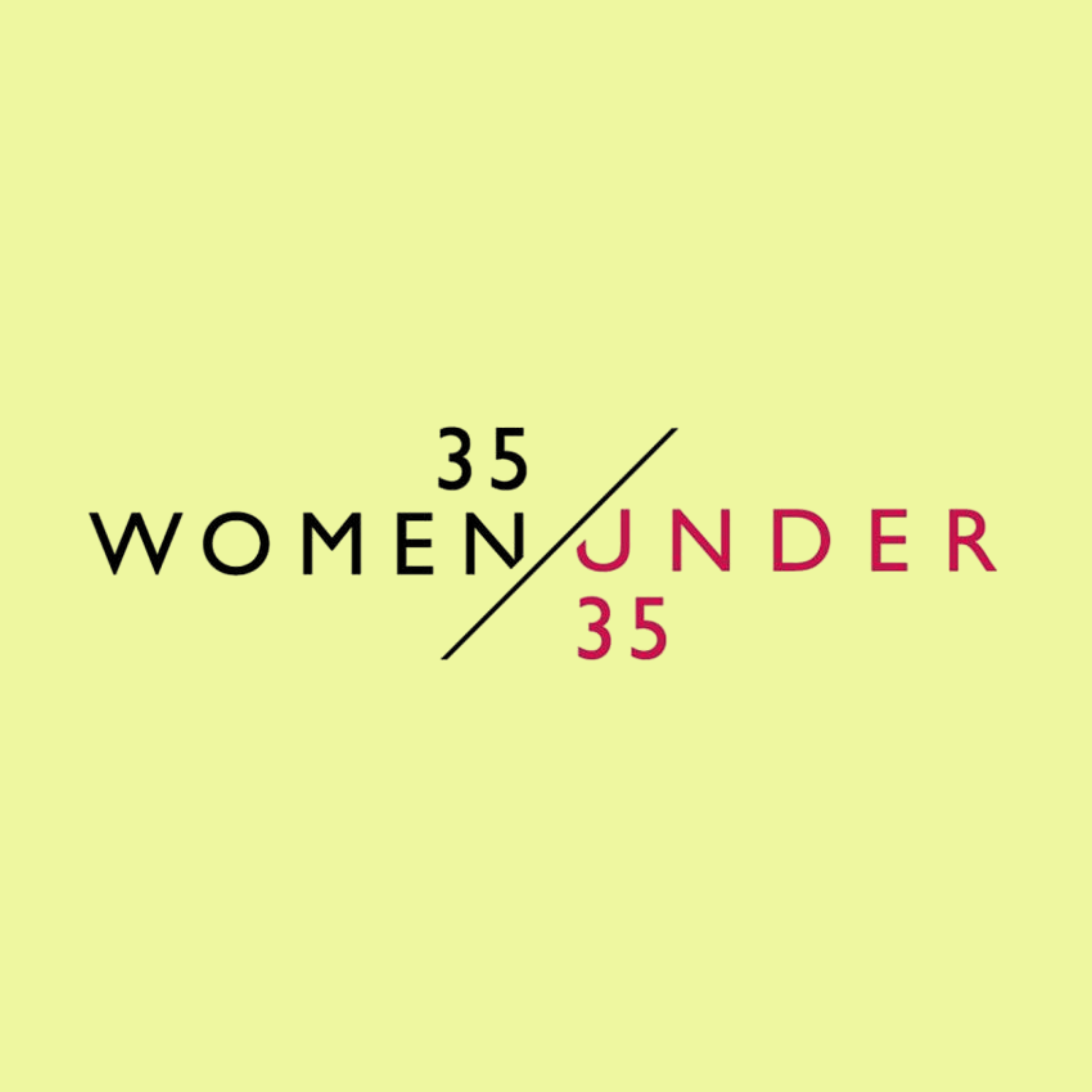 Logo for '35 Women Under 35', featuring the number 35 and the words 'Women' and 'Under 35' separated by a diagonal line on a light yellow background.