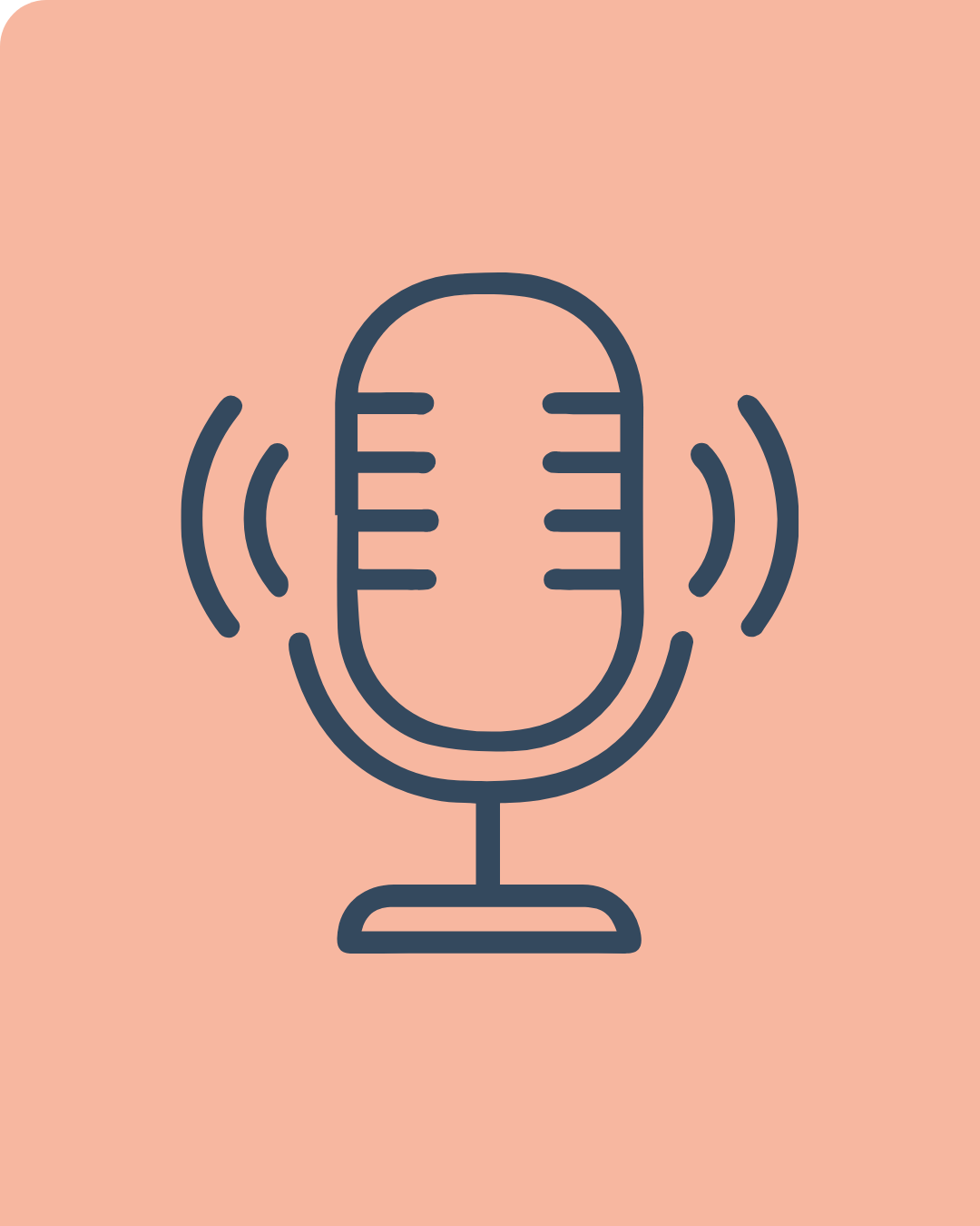 Line drawing of a vintage microphone with sound waves on a pink background.