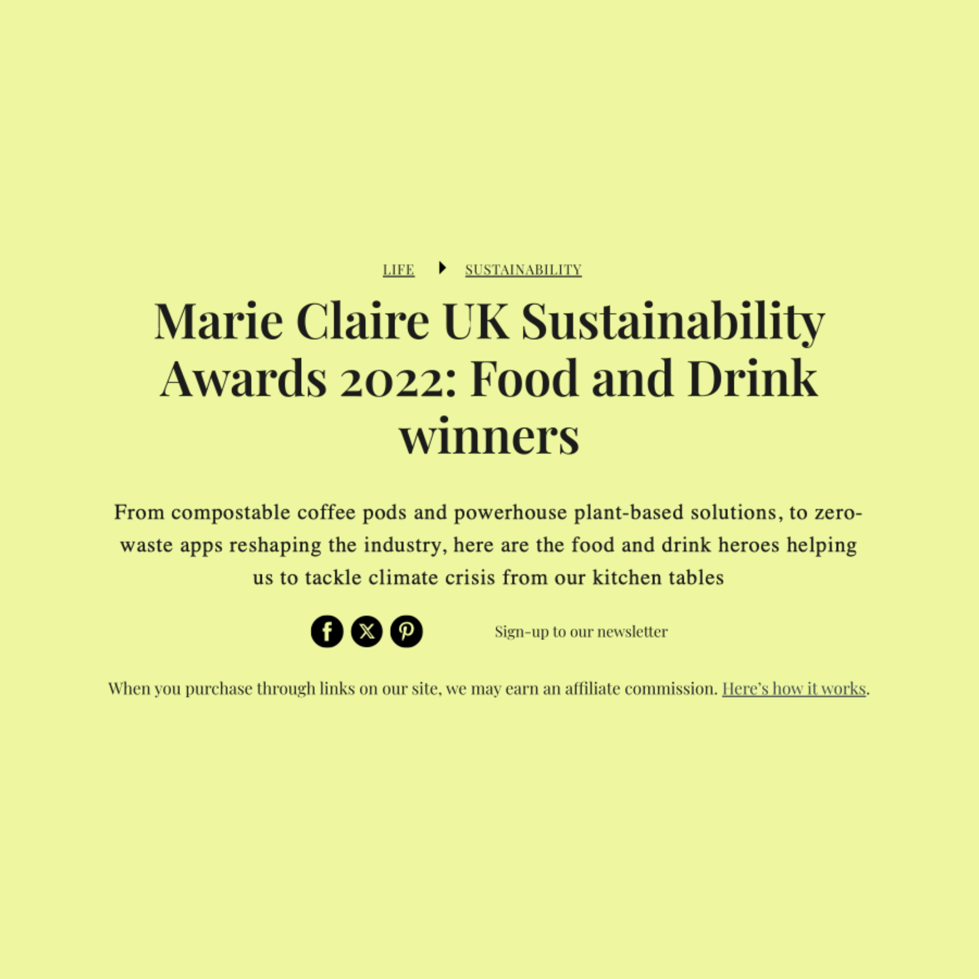 A webpage announcing the Marie Claire UK Sustainability Awards 2022 for Food and Drink winners, with a light yellow background and black text