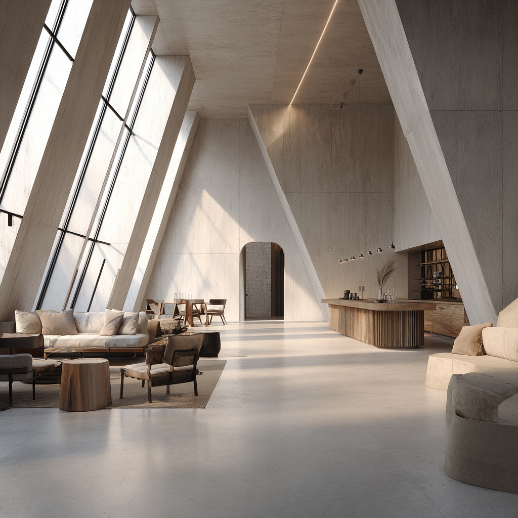 abstract interior with chairs, fluted wooden bar