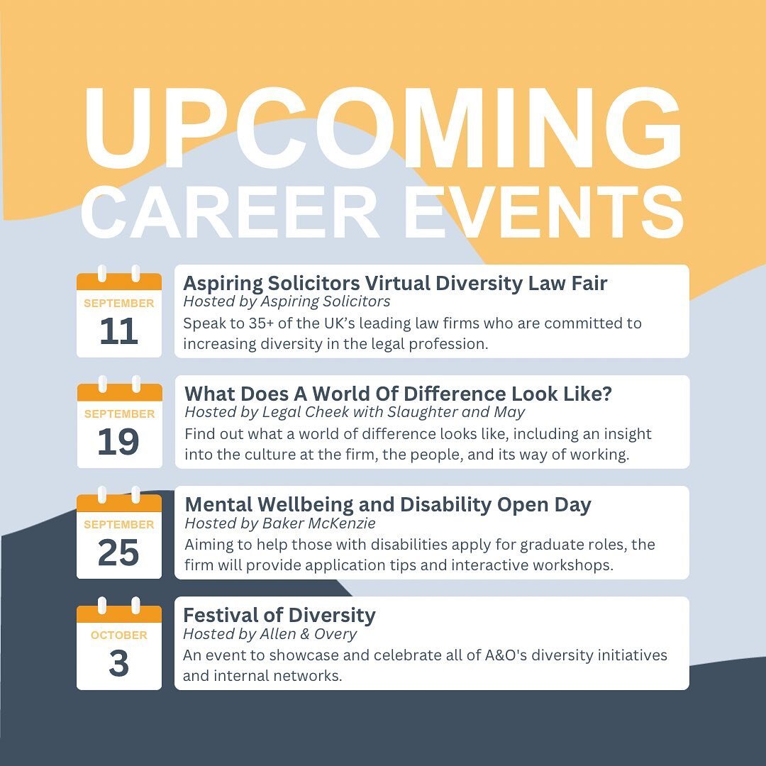 🚀 Upcoming Diverse Events 🚀

Calling all disabled and neurodiverse law students! Get ready to mark your calendars for a series of exciting events tailored just to you, recommended by our Able Ambassadors. 

Which will you be attending? 

&lsquo;Vir