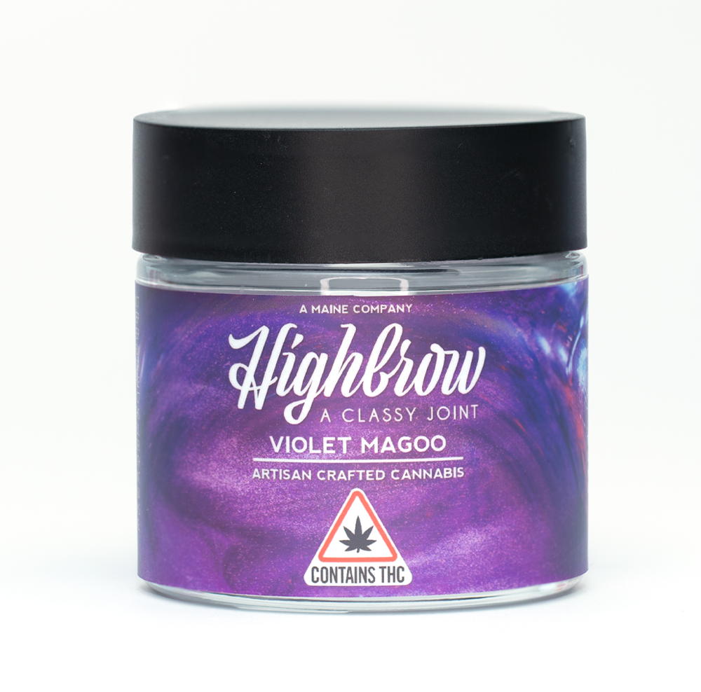 Jar of Highbrow Violet Magoo artisan crafted cannabis with THC warning label.