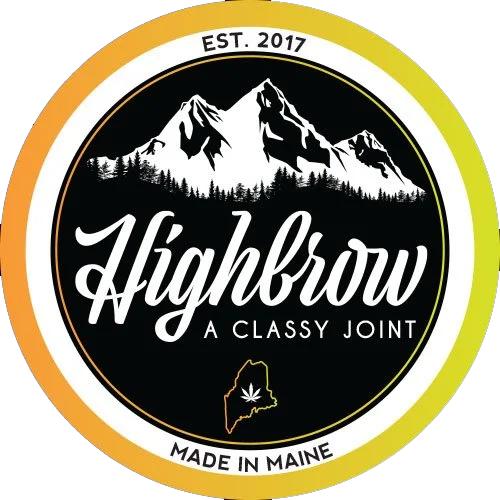 Circular logo with mountains, trees, and a maple leaf, featuring text 'Highbrow A Classy Joint,' established 2017, made in Maine.