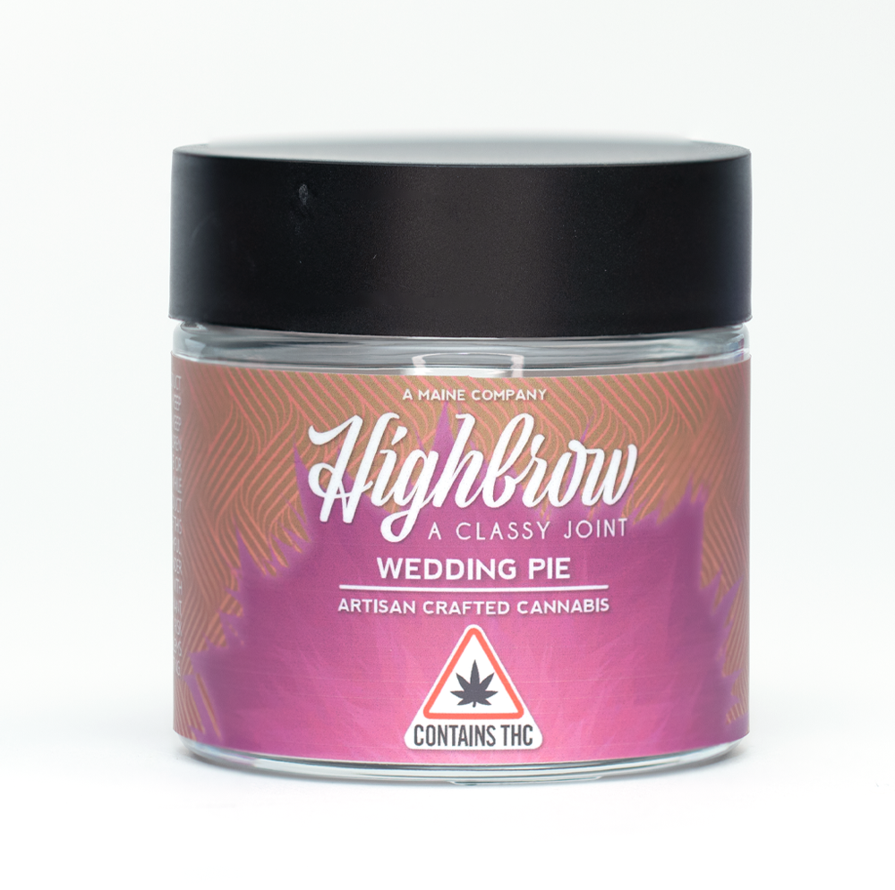 A jar of Highbrow wedding pie artisan crafted cannabis with THC label.