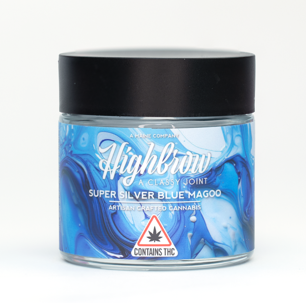 A glass jar of cannabis product labeled 'Highbrow Super Silver Blue Magoo' with a black lid and blue swirled background, containing THC.