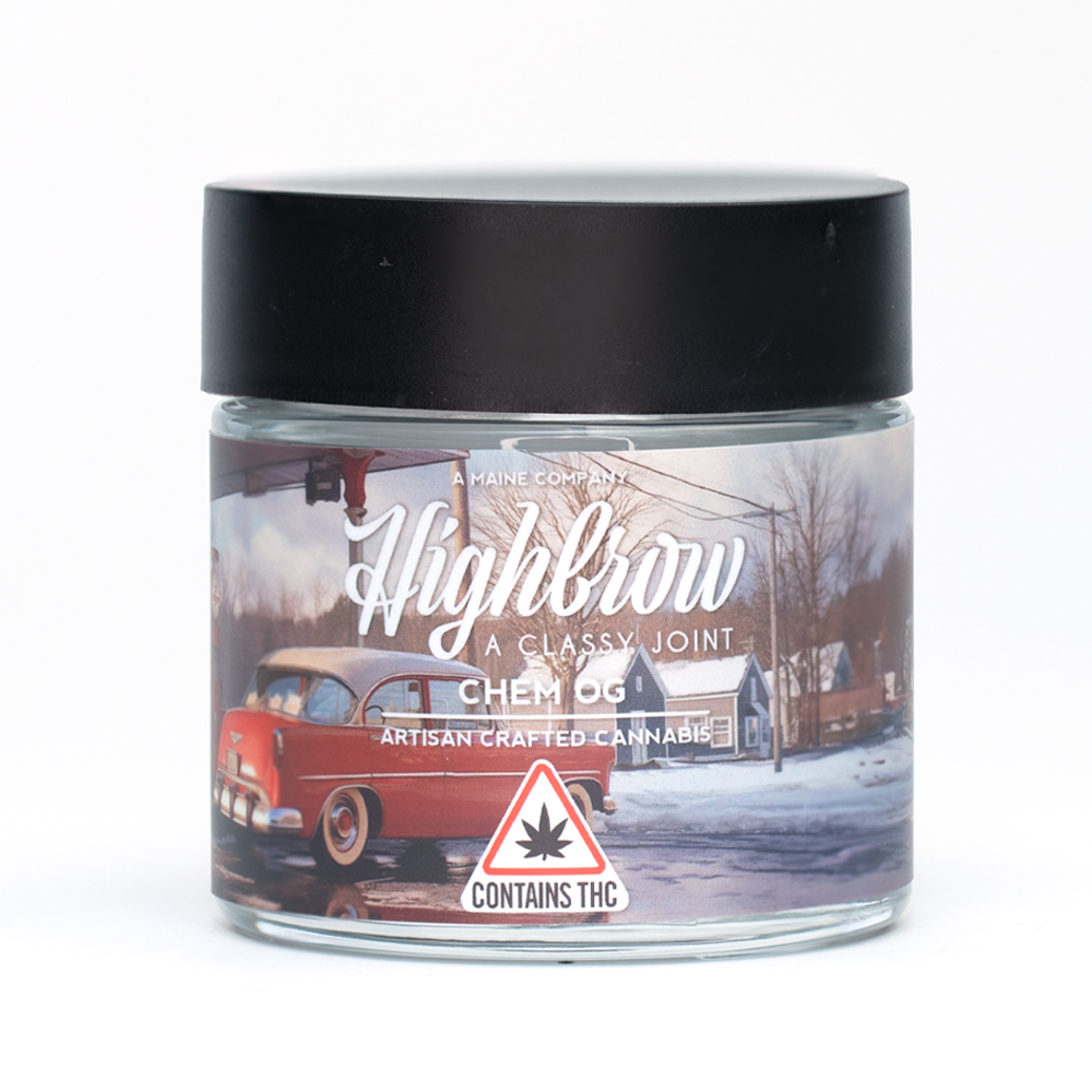 A jar with a black lid containing cannabis labeled Highbrow, a Maine craft cannabis product, with a scenic winter background and a warning label for THC.