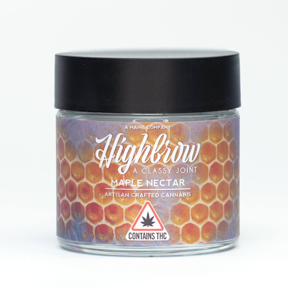 A glass jar with a black lid labeled Highbrow Maple Nectar, artisan crafted cannabis, with a graphic of honeycomb and a THC warning symbol.