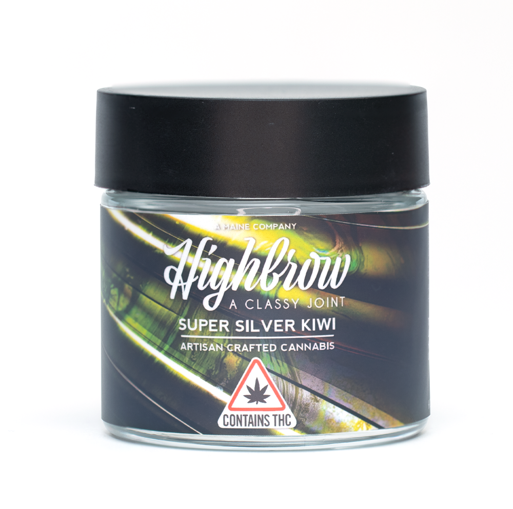 Jar of Highbrow Super Silver Kiwi artisan crafted cannabis with THC, featuring a black lid and colorful label design.
