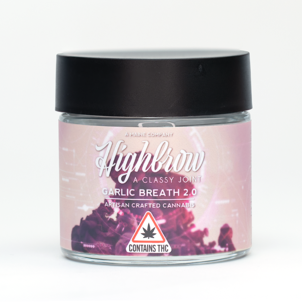 A jar of Highbrow Garlic Breath 2.0 artisan crafted cannabis with a black lid and pink label that has white and purple text, includes a THC warning symbol.