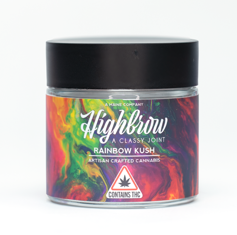 A jar of Highbrow Rainbow Kush artisan cannabis with colorful, swirling label design and black lid