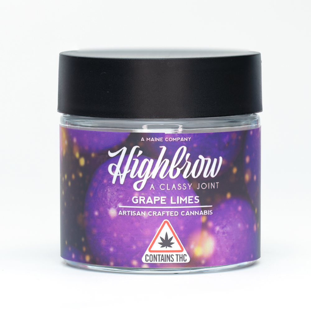 Jar of Highbrow artisan crafted cannabis with grape limes flavor, featuring a purple label with gold accents and a THC warning symbol.