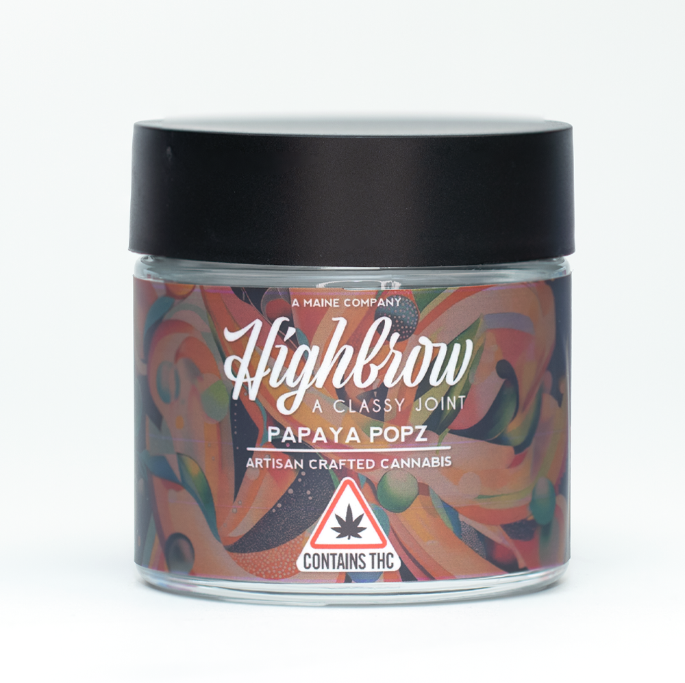 Container of Highbrow artisan crafted cannabis with papaya popz flavor, labeled as contains THC, against a plain white background.