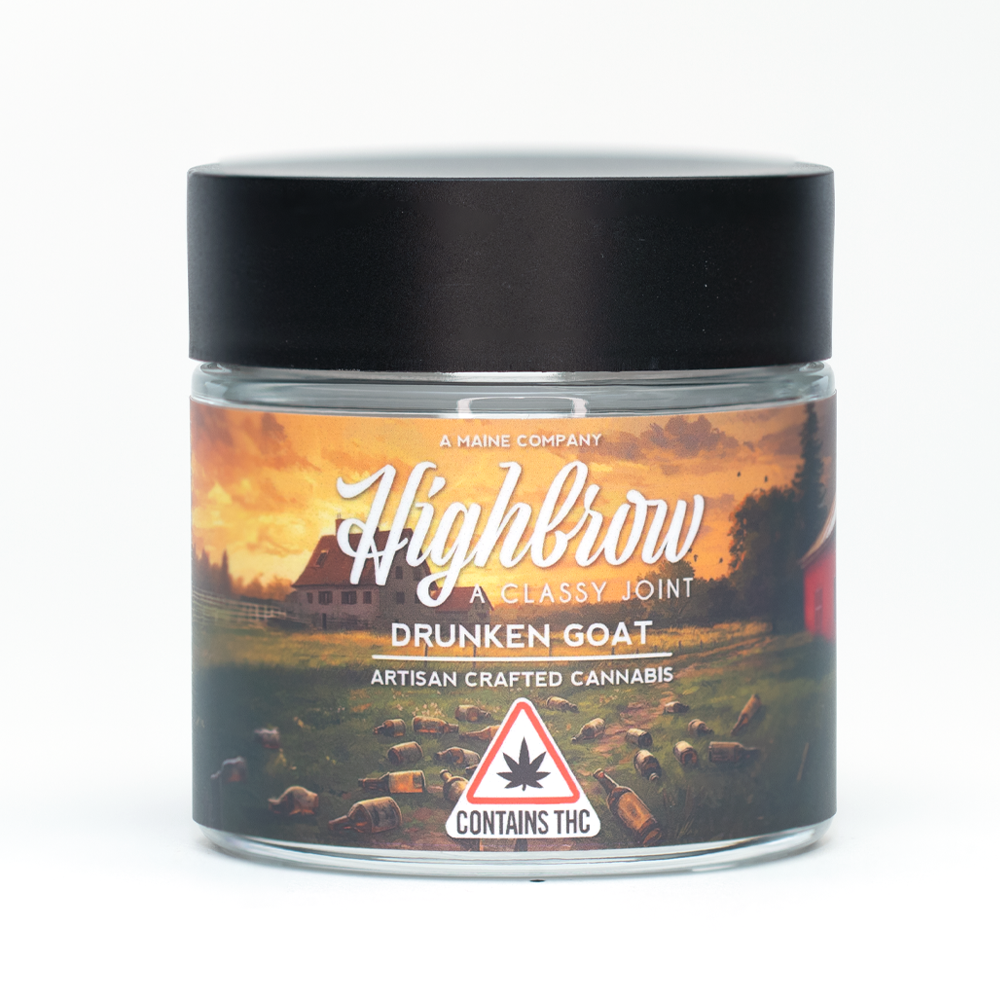 A jar of Highbrow artisan crafted cannabis labeled 'Drunken Goat' with artwork of a farm scene at sunset and a warning label indicating it contains THC.