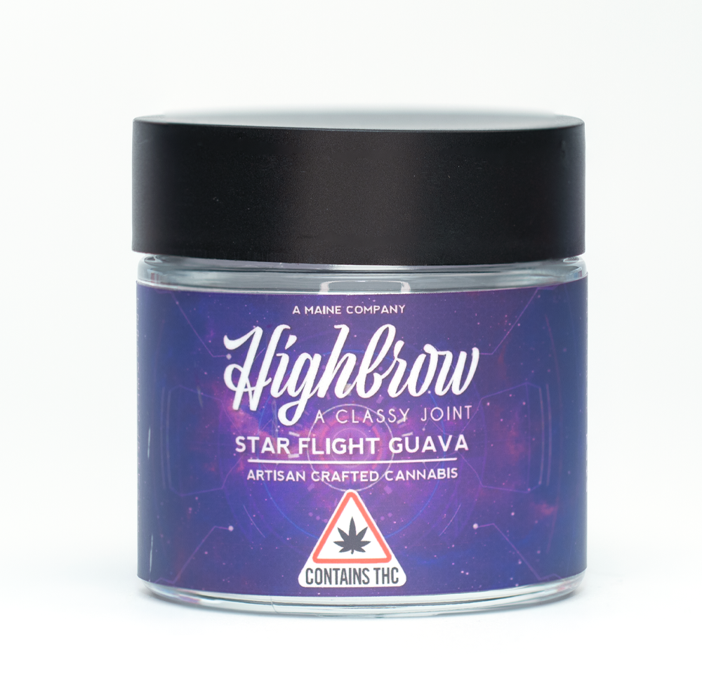 Jar of cannabis labeled Highbrow Star Flight Guava with THC warning