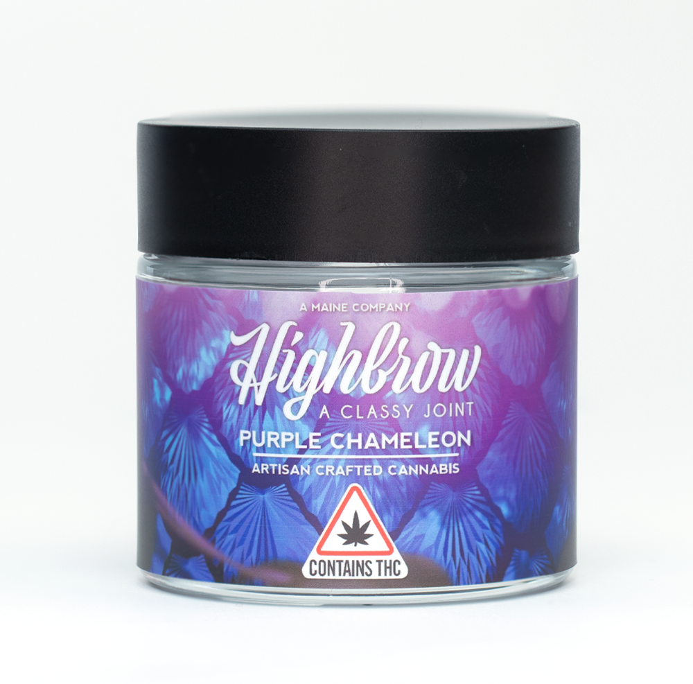 A jar of Purple Chameleon artisan-crafted cannabis from Highbrow, a Maine company, with a black lid and a purple butterfly-themed label that contains a THC warning.