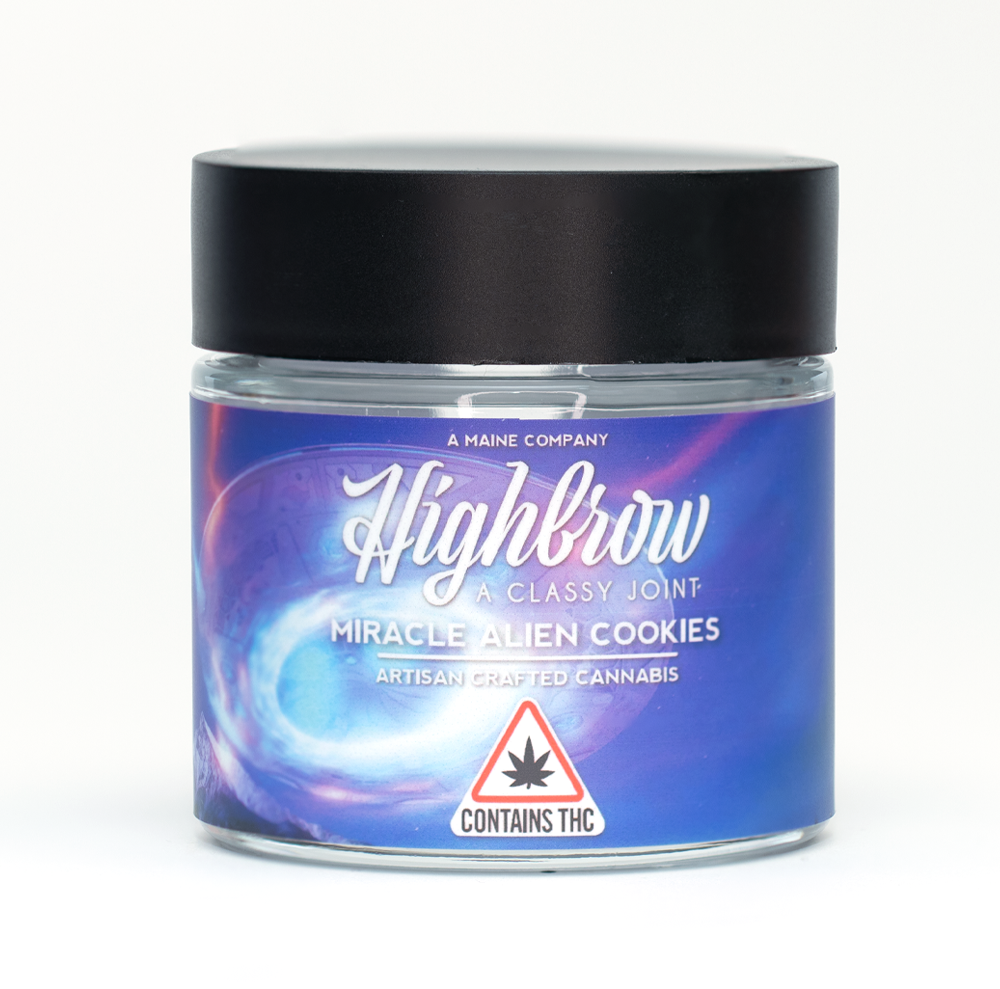 A jar of Highbrow Miracle Alien Cookies artisan cannabis with THC content, labeled as a classy joint.