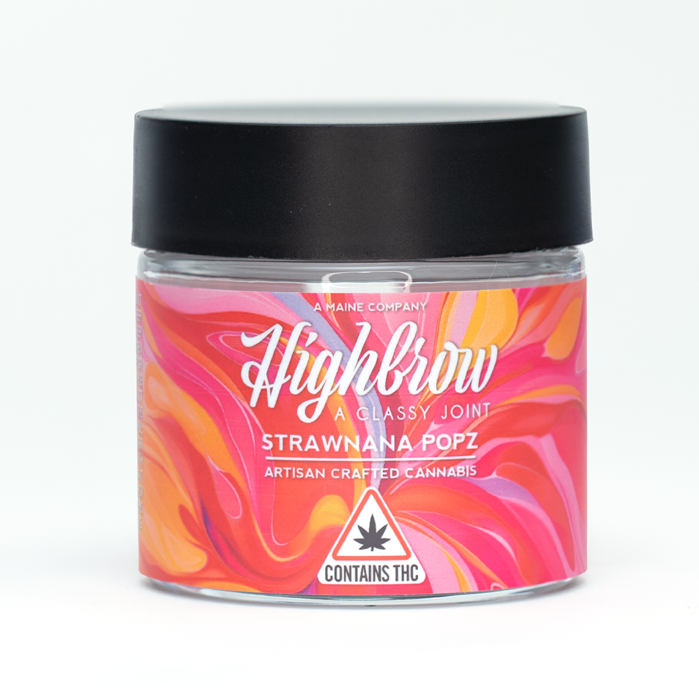 A jar of Highbrow artisan crafted cannabis with a pink and orange swirled label, black lid, and a warning indicating it contains THC.