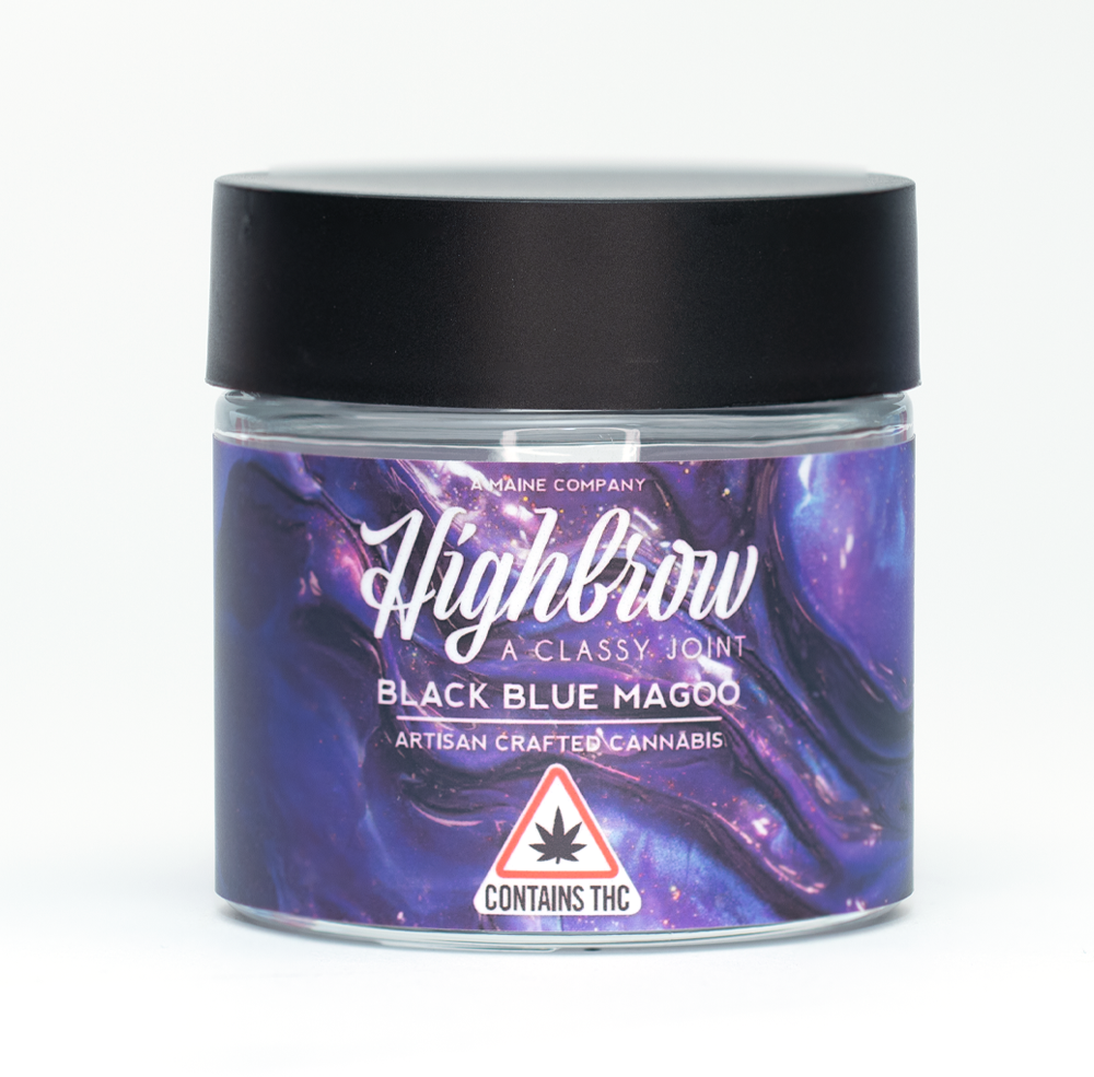 A jar of Black Blue Magoo artisan crafted cannabis with Highbrow branding and THC warning label.