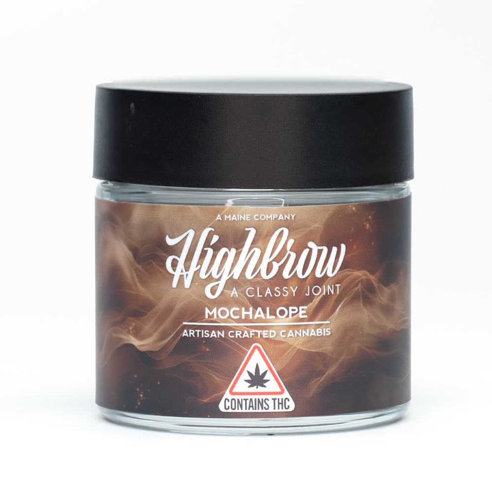 A jar of Highbrow Mocaholpe artisan crafted cannabis with THC, featuring a black lid and a label with smoke design.