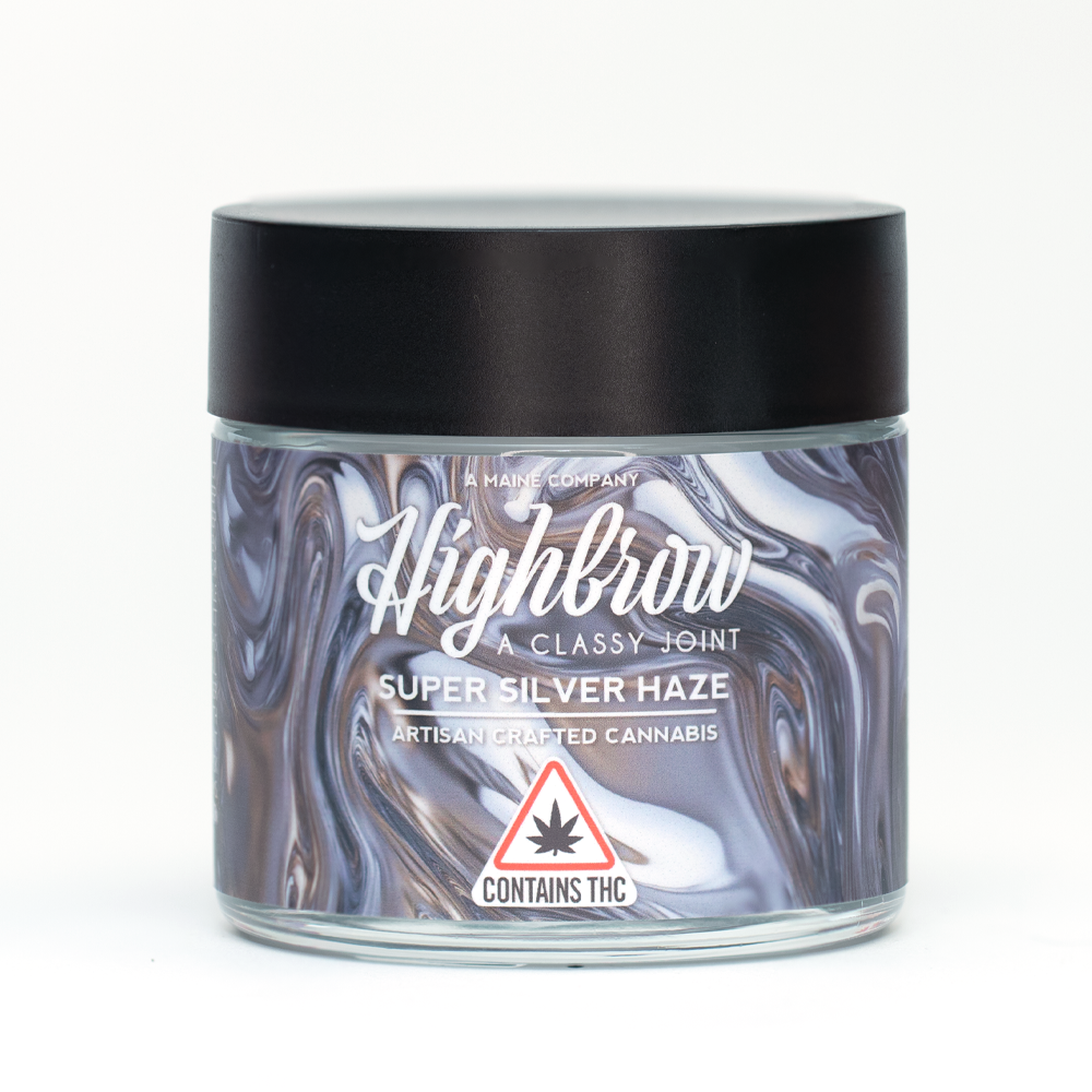 Jar of Highbrow Super Silver Haze artisan crafted cannabis with THC label.