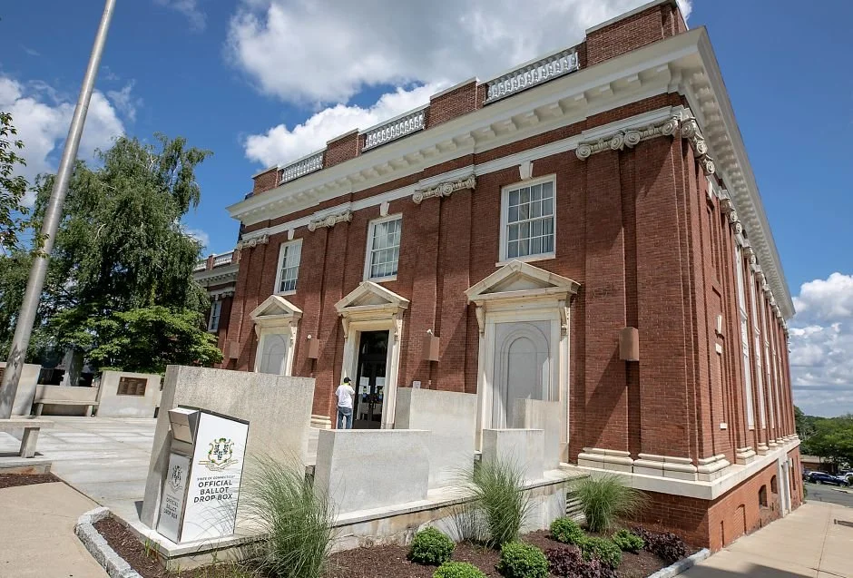 The official ballot drop box located outside Meriden City Hall near the corner of East Main Street and Norwood Street
