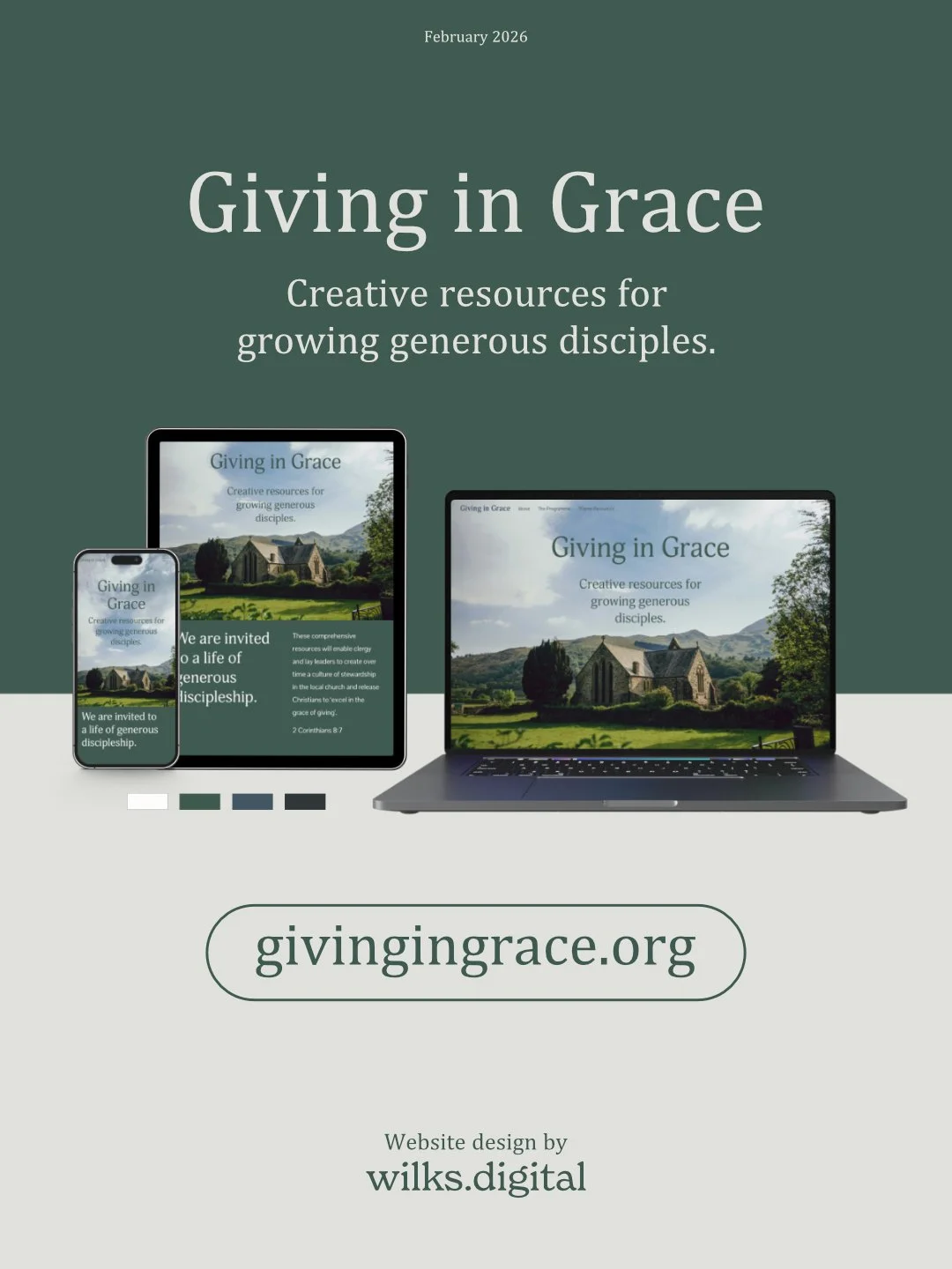 A promotional image for the website givinggrace.org features a desktop, tablet, and smartphone displaying the website's homepage, with a green rural landscape and church in the background. The text highlights creative resources for growing generous disciples, with the website URL at the center and credits for the website design by Wilks Digital at the bottom.
