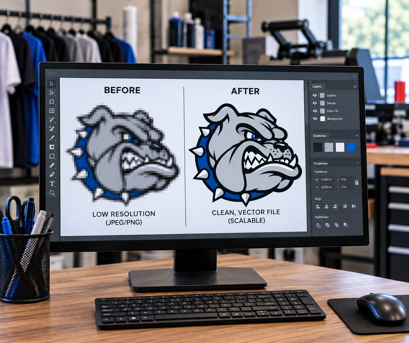 Comparison of a pixelated, low resolution cartoon bulldog mascot on the left and a clean, vectorized version on the right on a computer screen, with text indicating the before and after states.