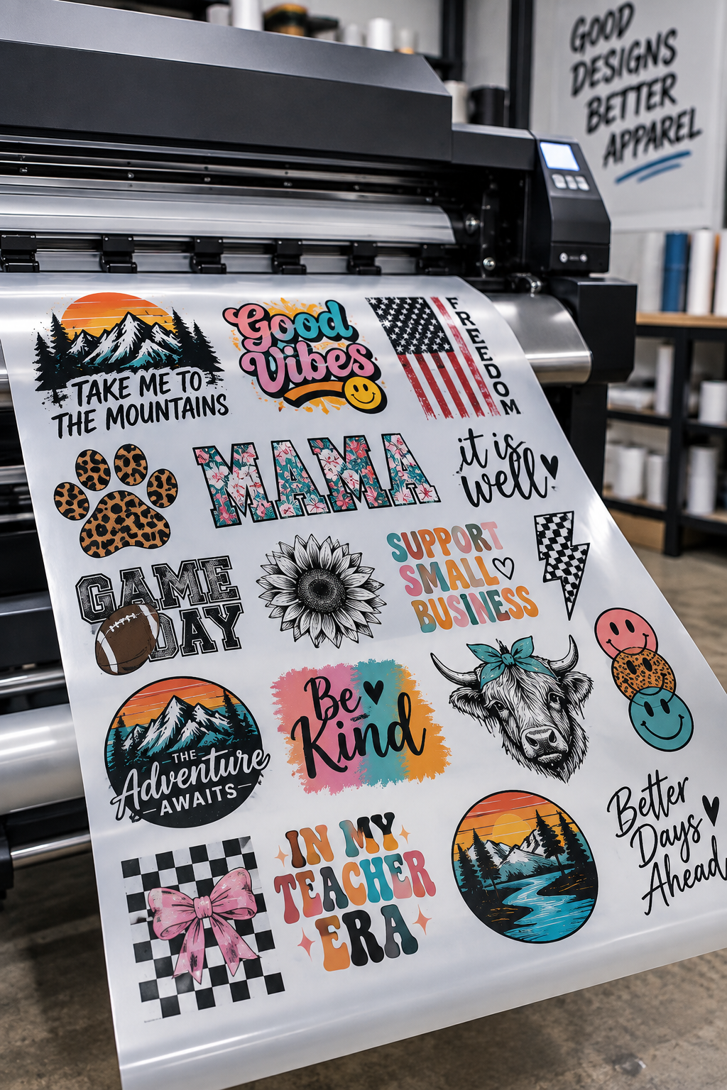 A roll of adhesive paper with various colorful stickers and phrases such as "Good Vibes," "Take me to the mountains," "Mama," and "Support small business." The roll is coming out of a printing machine, and some stickers include American flag, paw print, sunflower, bull, and smiley faces. In the background, a sign reads "Good designs better apparel."
