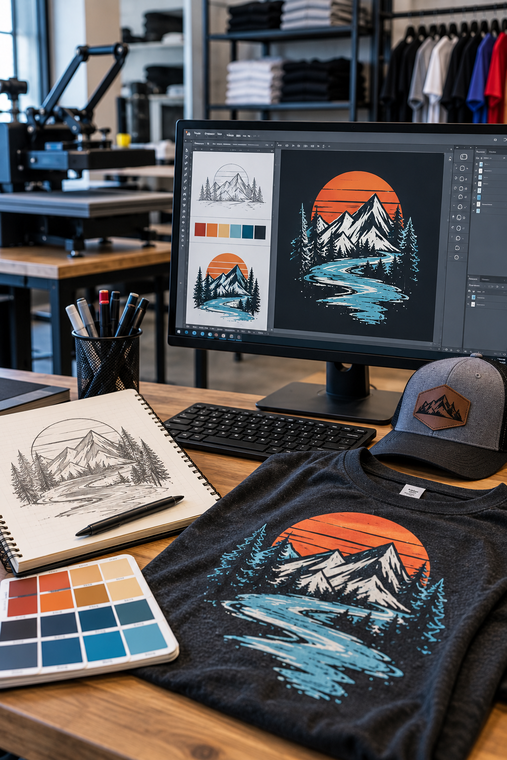 Digital art workspace with a mountain landscape design in progress on a computer screen, a printed sketch, color palette, finished t-shirt, cap, and sketchbook on a wooden desk, with shelves of clothing and equipment in the background.