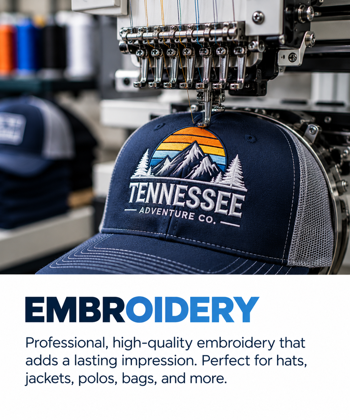 A cap with a mountain and sunset design embroidered with the text 'Tennessee Adventure Co.' being sewn on an embroidery machine.