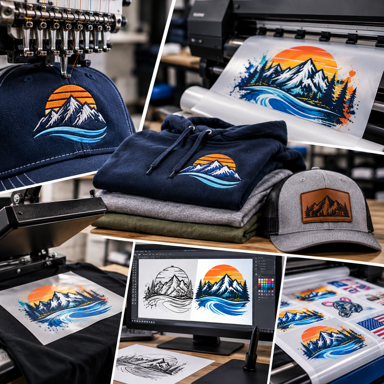 A design workspace with embroidered patches, printed stickers, and apparel featuring a mountain and sunset scene, along with a computer displaying the design process for the artwork.