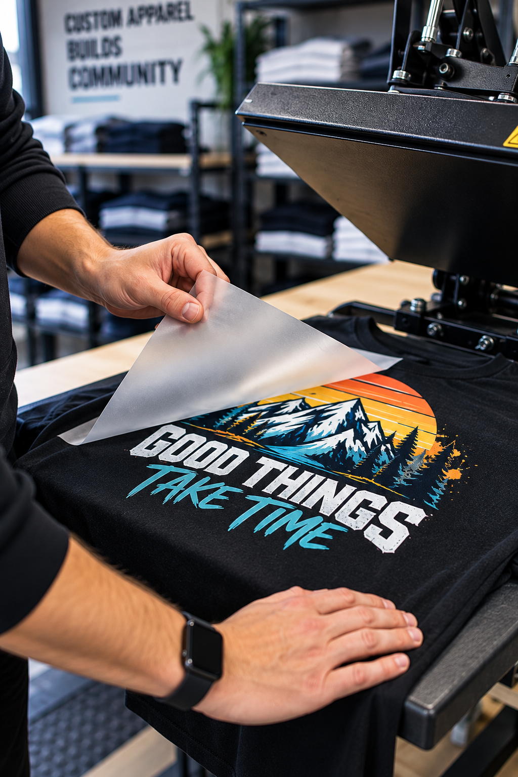A person is applying a heat transfer vinyl with a mountain and sunset design onto a black T-shirt that reads "Good Things Take Time."