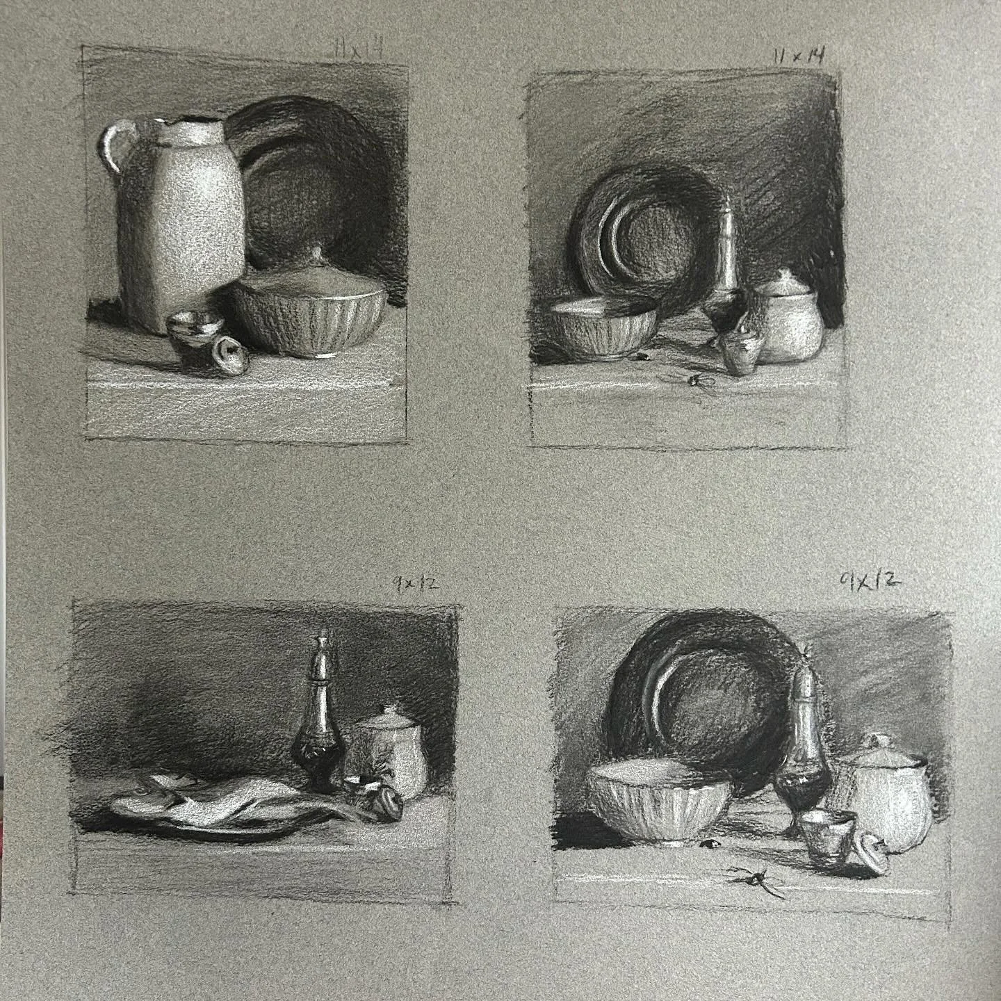 Value and compositional studies for client commissioning a still life commission. Which is your favorite?