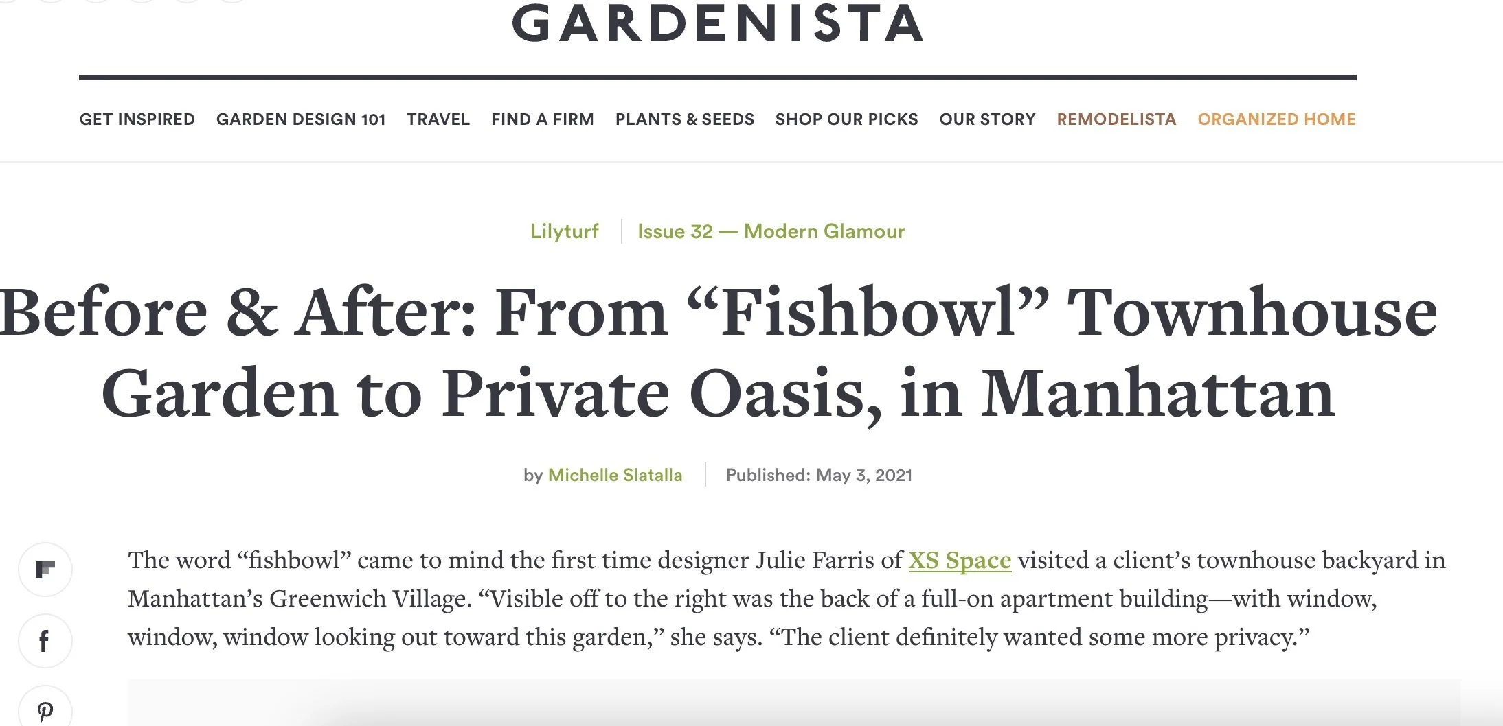 Gardenista features Village Townhouse Garden