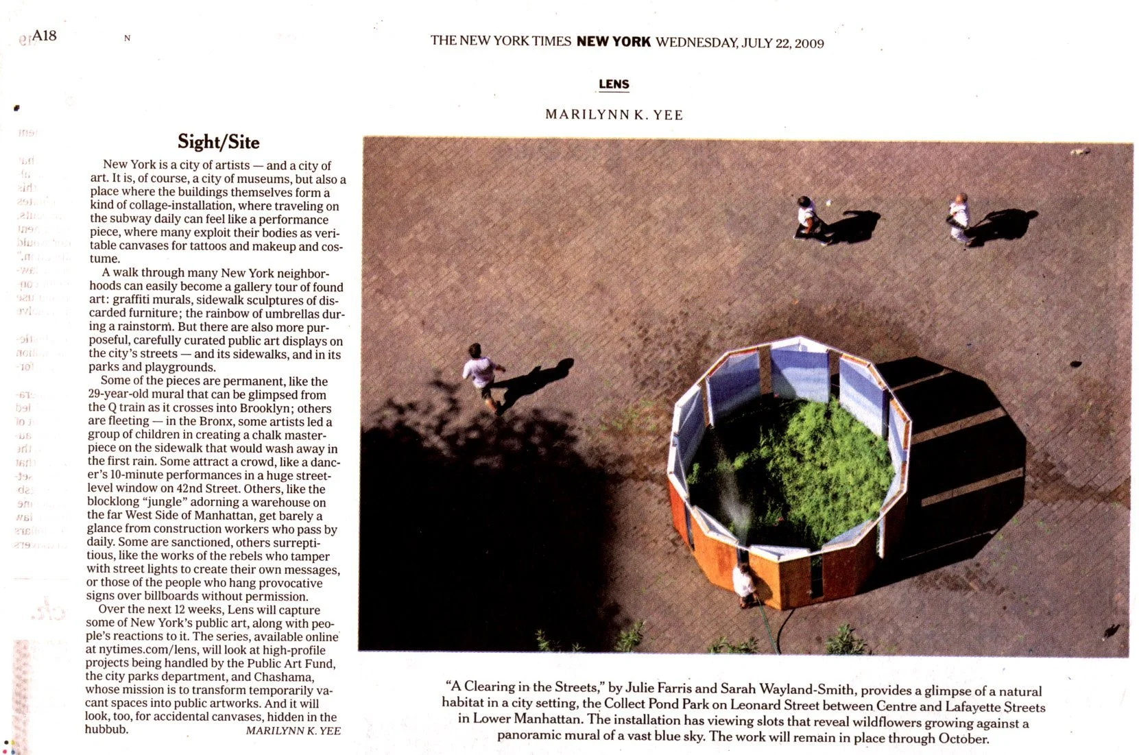 New York Times Features A Clearing in the Streets by Julie Farris and Sarah Wayland Smith. Sponsored by the Public Art Fund