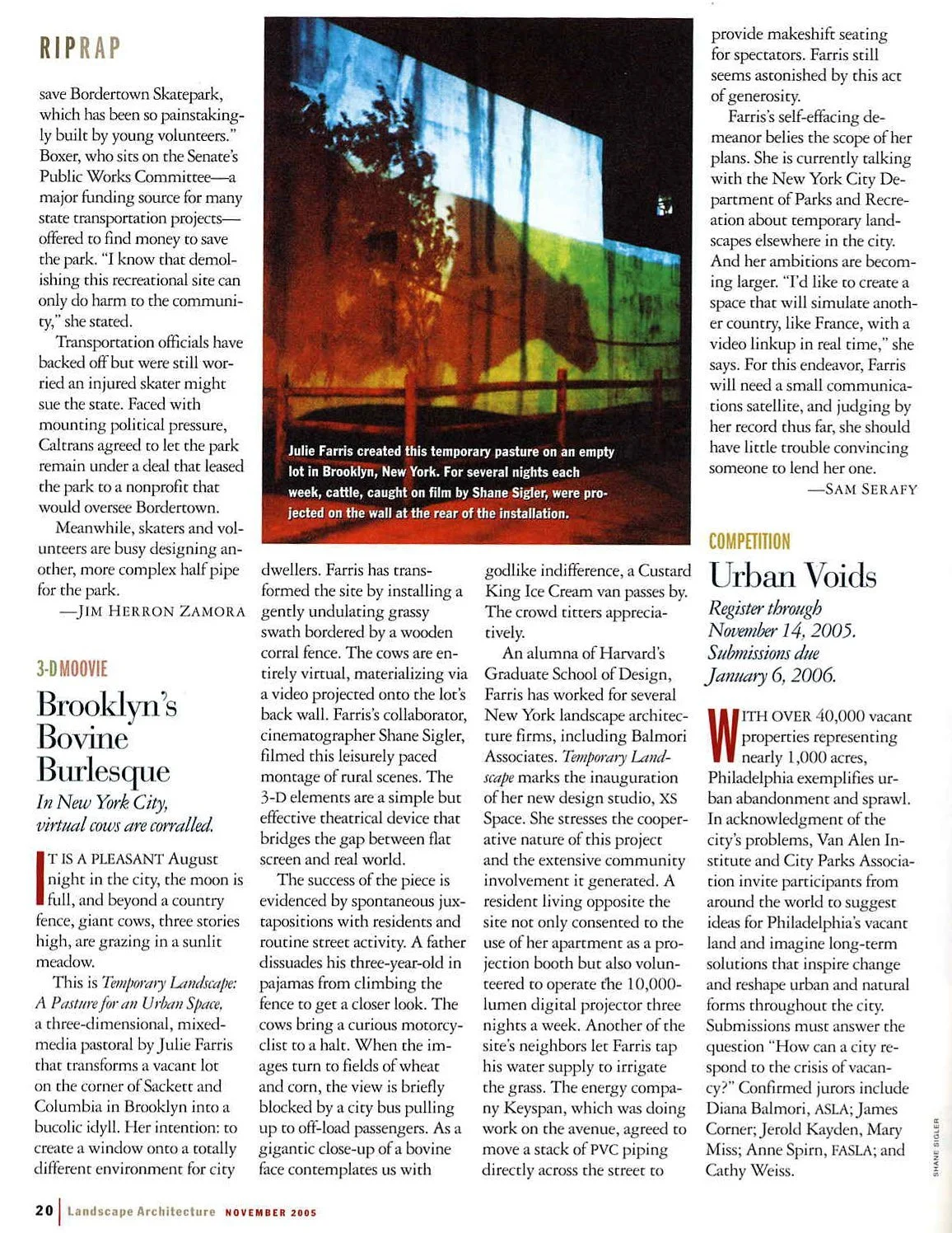 Landscape Architecture Magazine features Temporary Landscape: a Pasture for an Urban Space, 2005