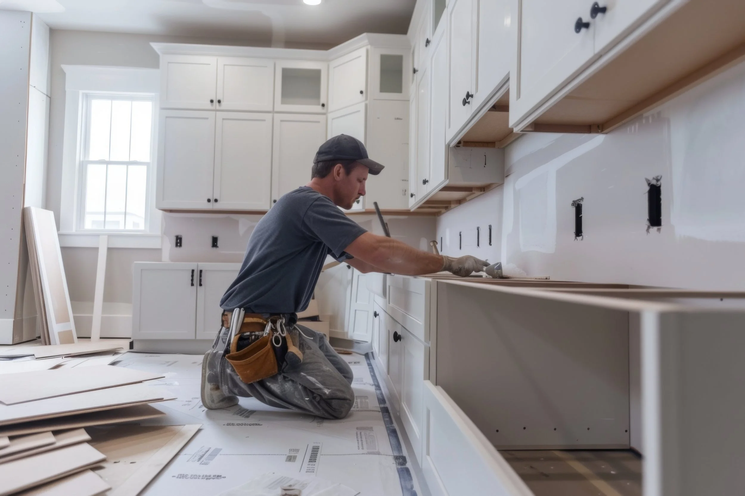 A man kneeling on the floor working on the installation of kitchen cabinets, surrounded by construction materials and tools.