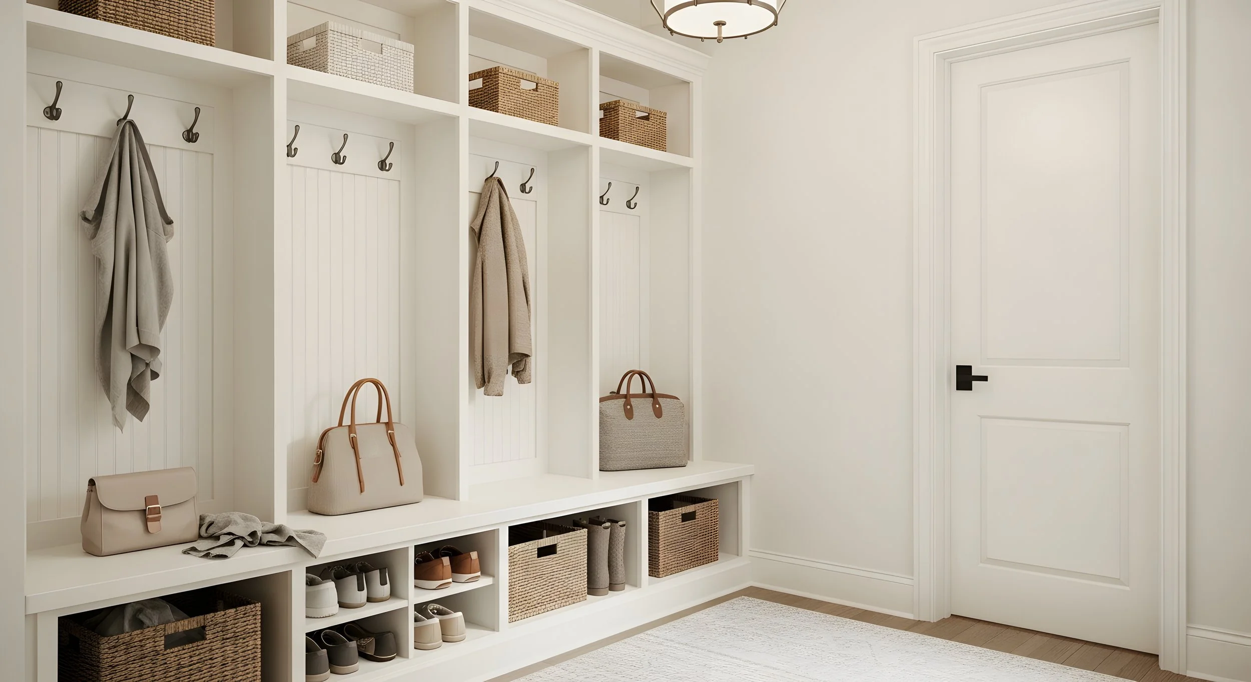 A modern, organized mudroom with white built-in cubbies and hooks, storage baskets, and shoes beneath, with a white door to the right and a ceiling light fixture.
