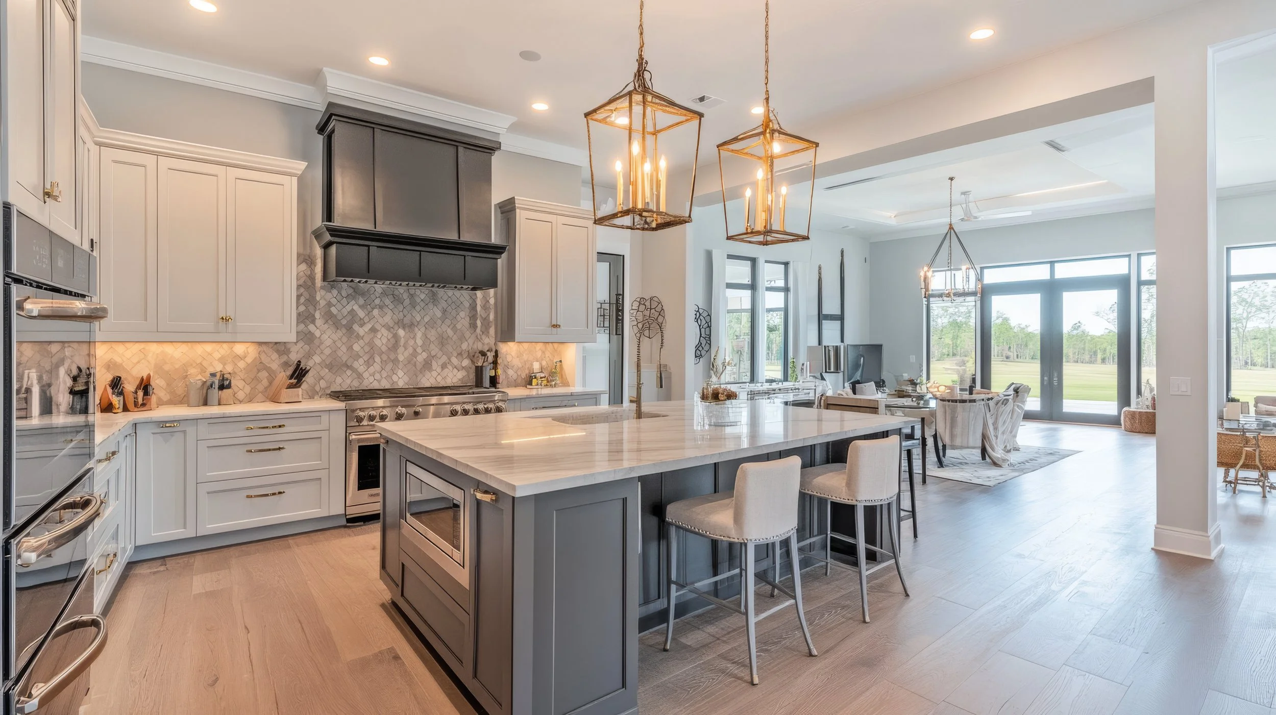 Open-concept kitchen and living room with modern decor, white and gray cabinets, marble countertops, pendant lighting, large windows, and outdoor view.