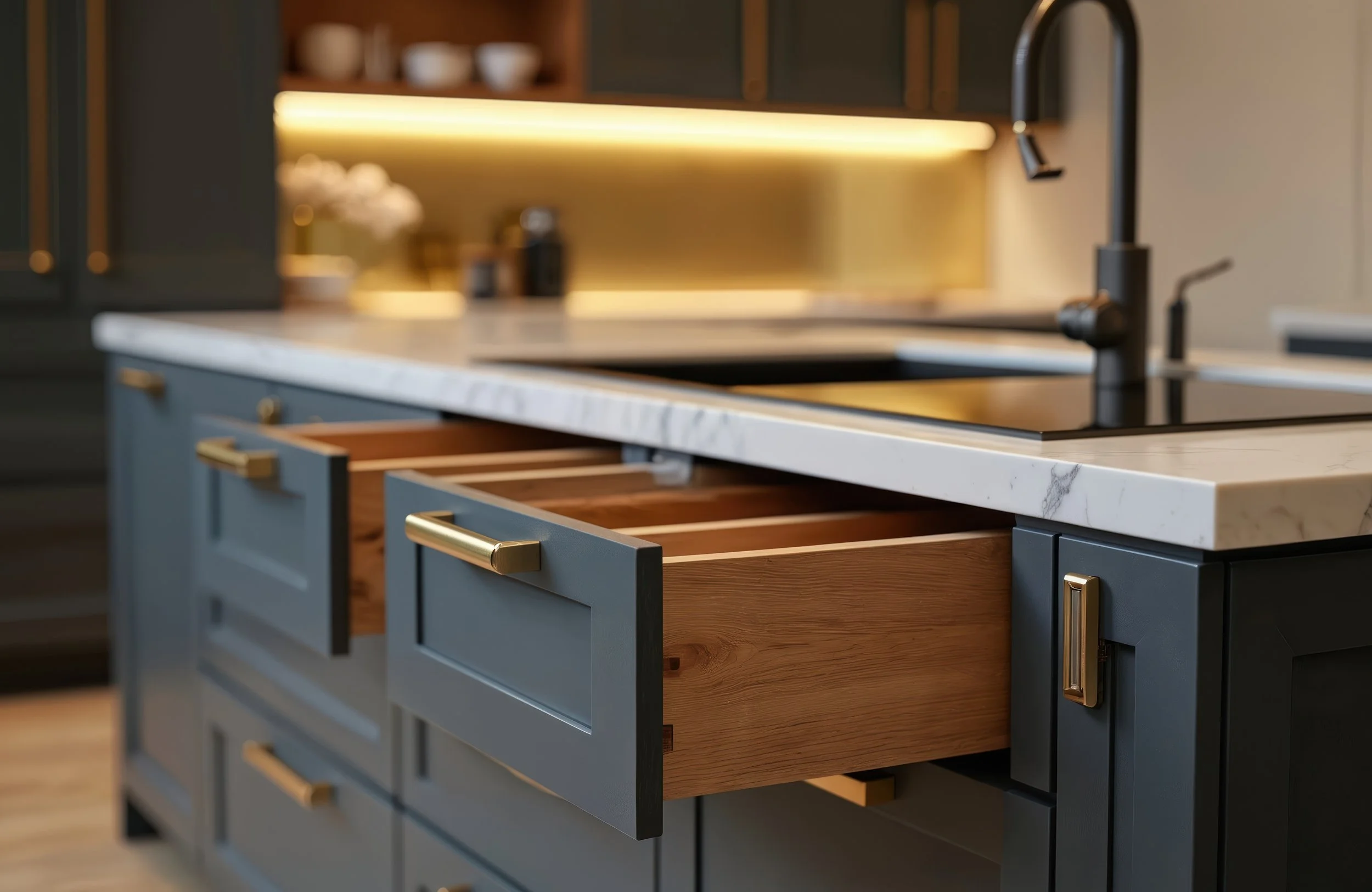 Close-up of a blue kitchen cabinet with a partially opened drawer showing natural wood interior and gold handle, white marble countertop, black faucet, and blurred background of kitchen shelves with decor