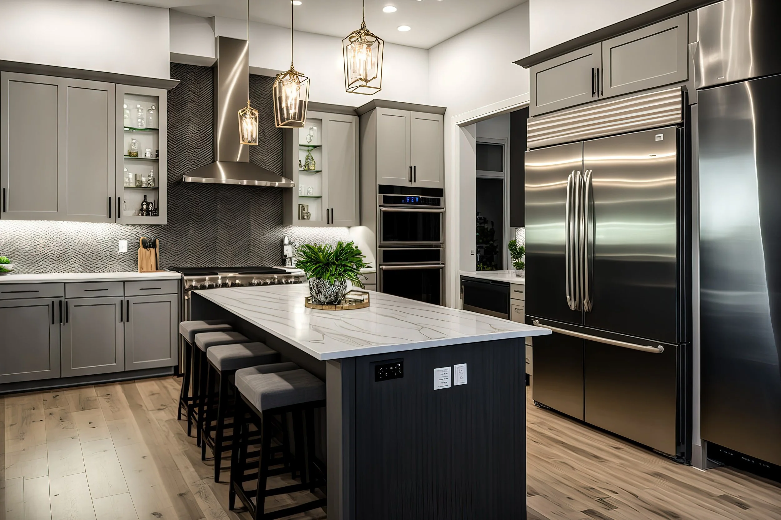 Modern kitchen with gray cabinets, stainless steel appliances, a large island with white marble top, black stools, pendant lights, and wooden flooring.
