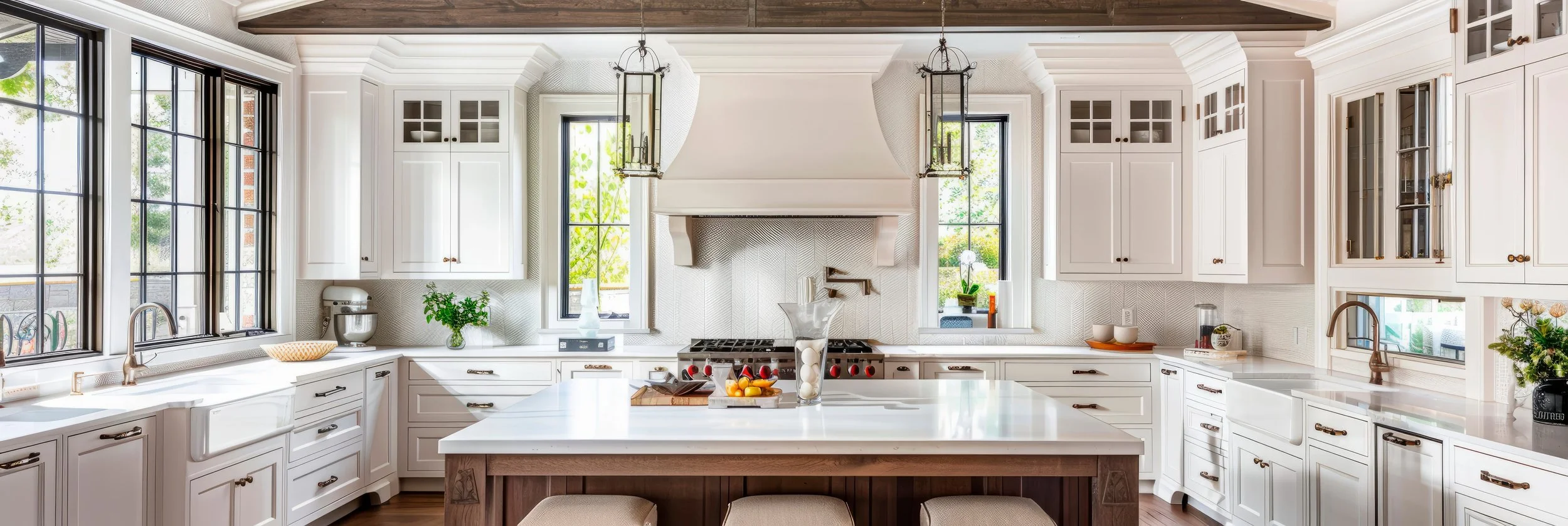 A bright, spacious kitchen with white cabinets, large windows, a central island with a wooden base, and a range hood over a stove. There are pendant lights hanging from the ceiling and various decorative items and plants on the countertops.