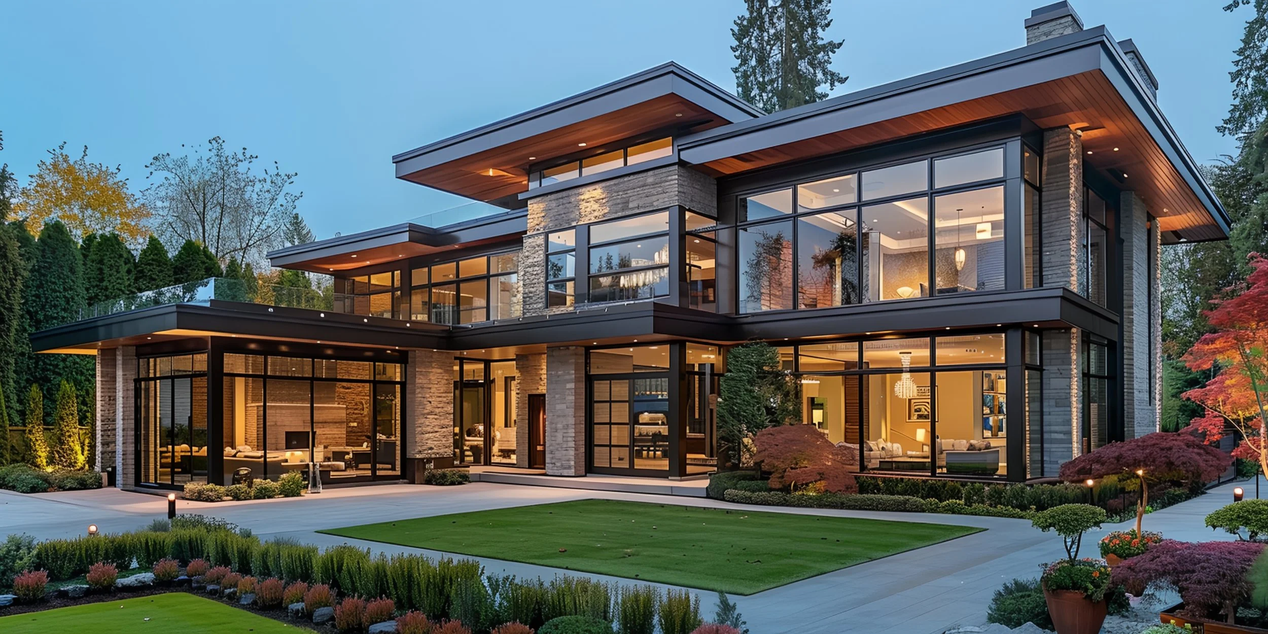 Modern two-story house with large glass windows and a landscaped front yard during dusk.