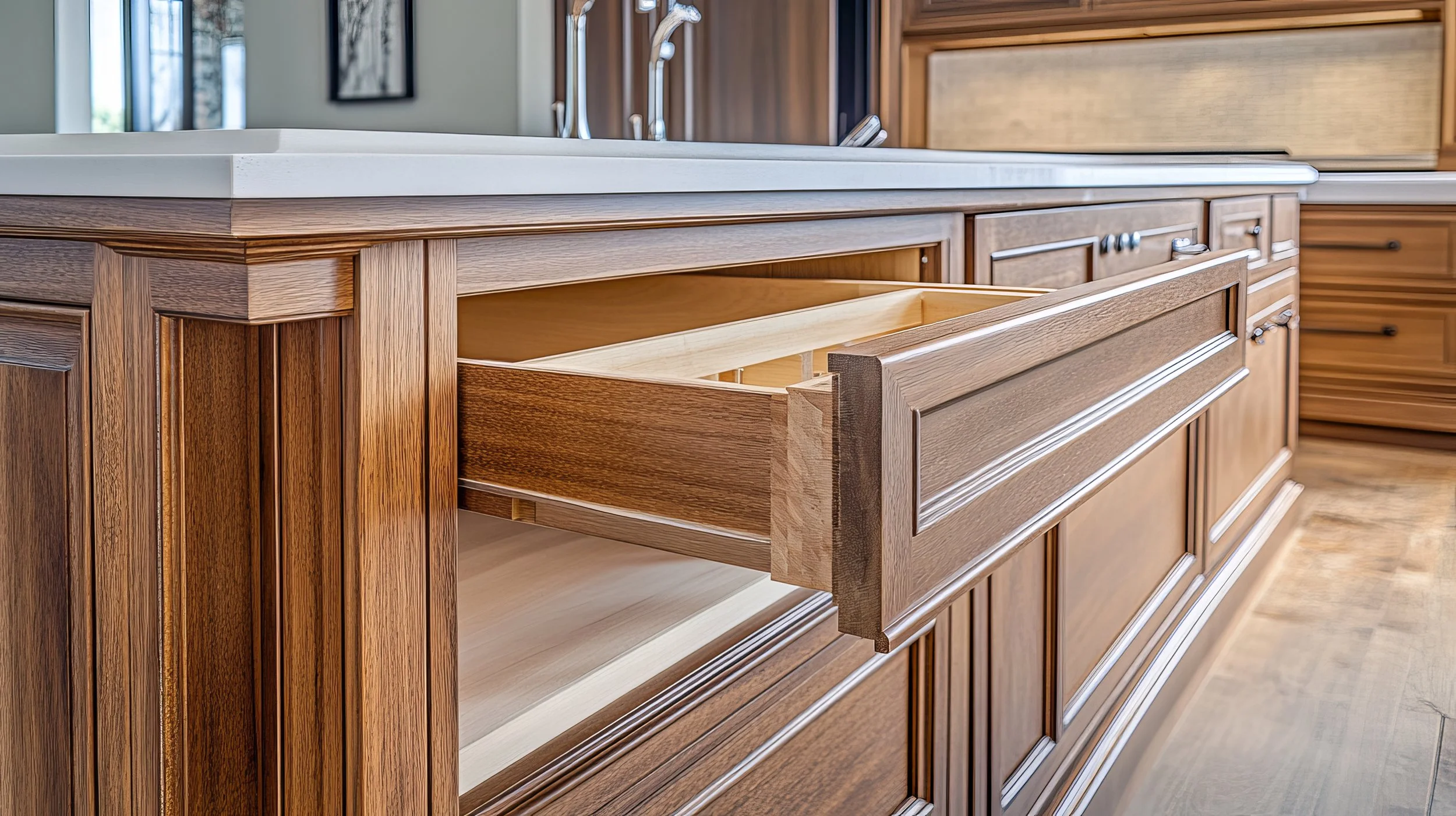 Open kitchen drawer in a wooden kitchen cabinet