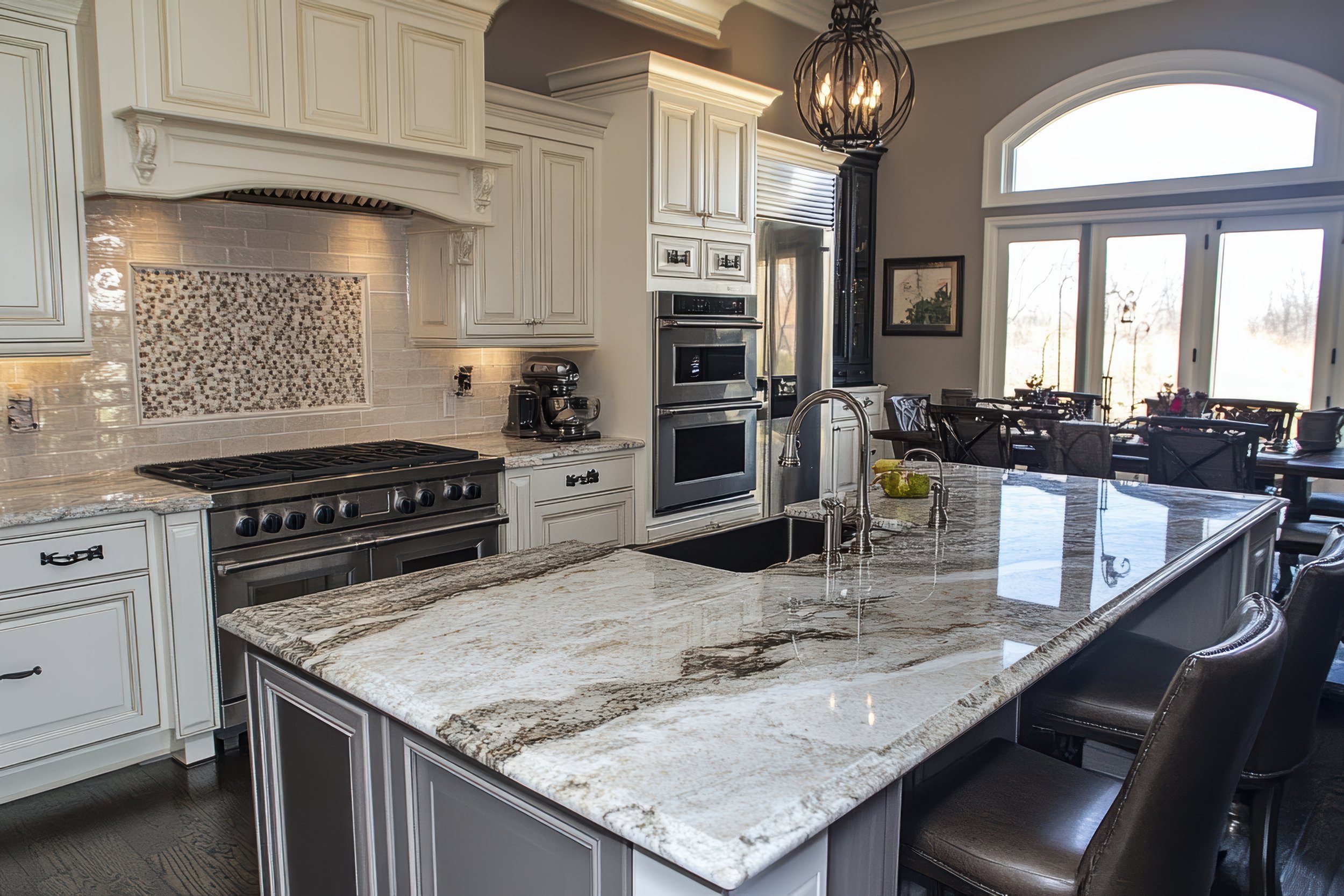 Modern kitchen with white cabinets, a large marble island, stainless steel appliances, and a dining area near large windows.