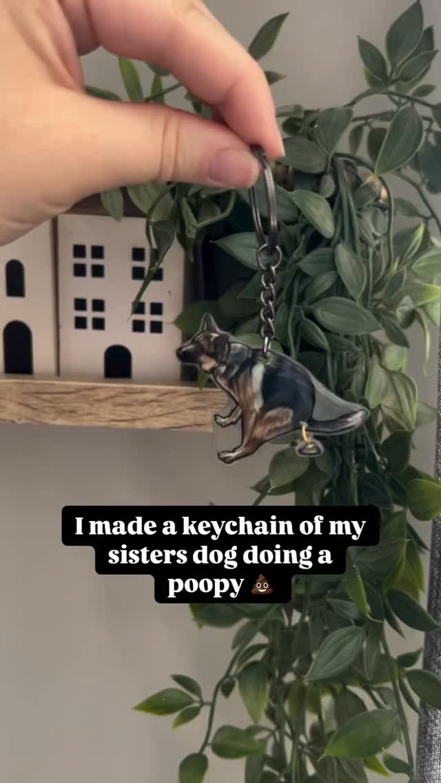 I usually make cute normal keychains but I found this picture of my sisters dog and had to do it 🤣 the poop was an afterthought as I thought that would be hilarious. It kind of looks more like he has a piercing as my black keyring…rings would