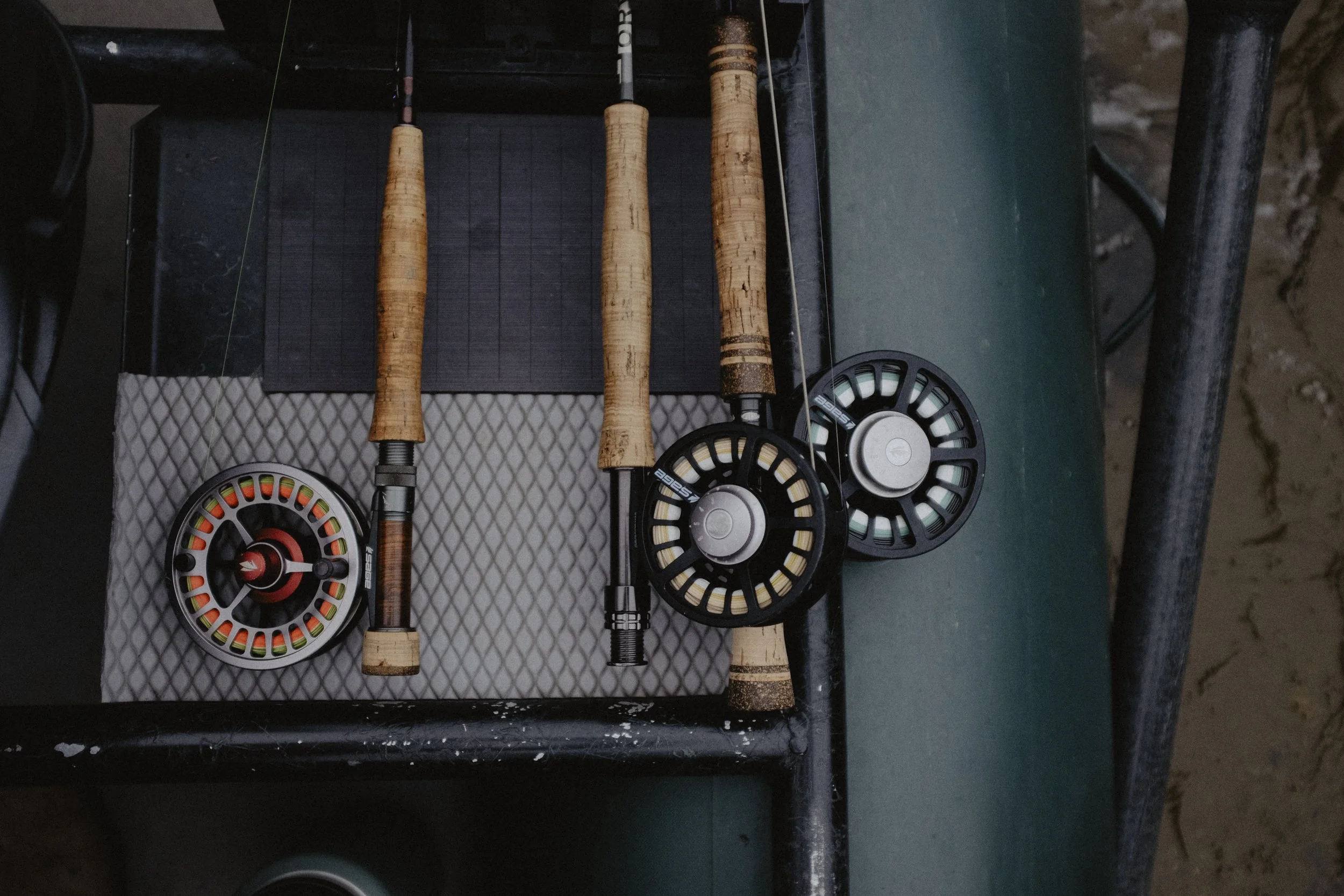 Fly fishing gear and boat setup for a day on the river